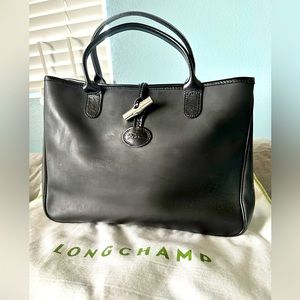 Longchamp matte black Leather Roseau (Made in France) Authentic top-handle bag